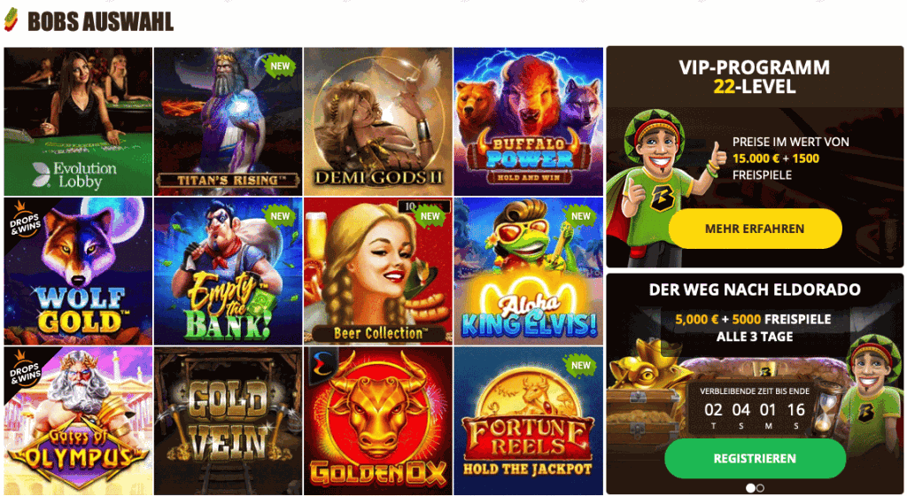 Bob Casino Spiele Auswahl
